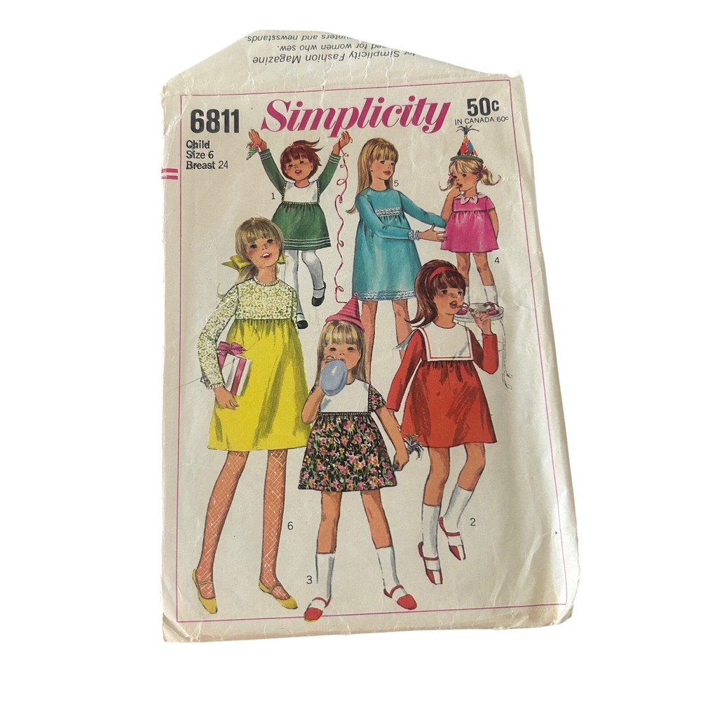 Simplicity 6811 Sewing Pattern Child Size 6 White 1960s Vintage Dress Cut Mod